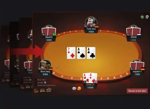 Rush & Cash table in the GGPoker client: the fold button moves you to a new table